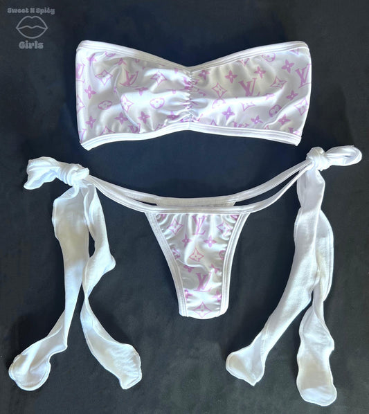 White/Pink LV Strapless Top & Bottom Set